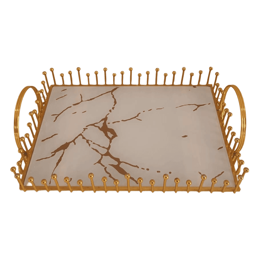 Plateau de Service Moderne Effet Marbre Blanc et Doré avec Poignées Métalliques (1 pièce)