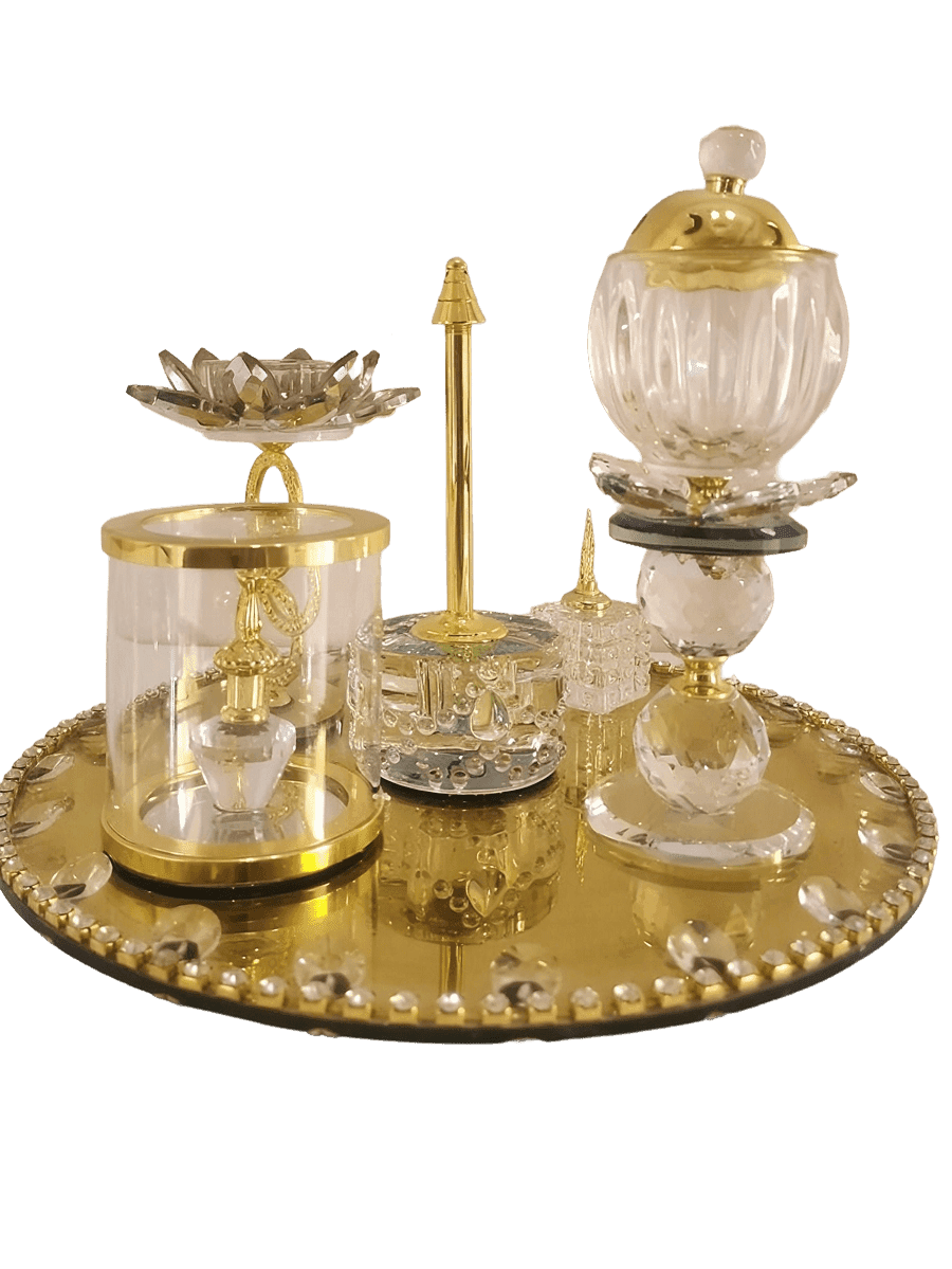 Kit Présentoir Encensoir et Décoration en Verre & Cristal avec Plateau Miroir Doré