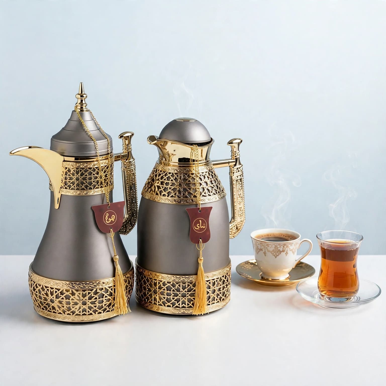 Set de 2 Thermos à Thé et Café Design Arabe Luxe - Gris × Doré
