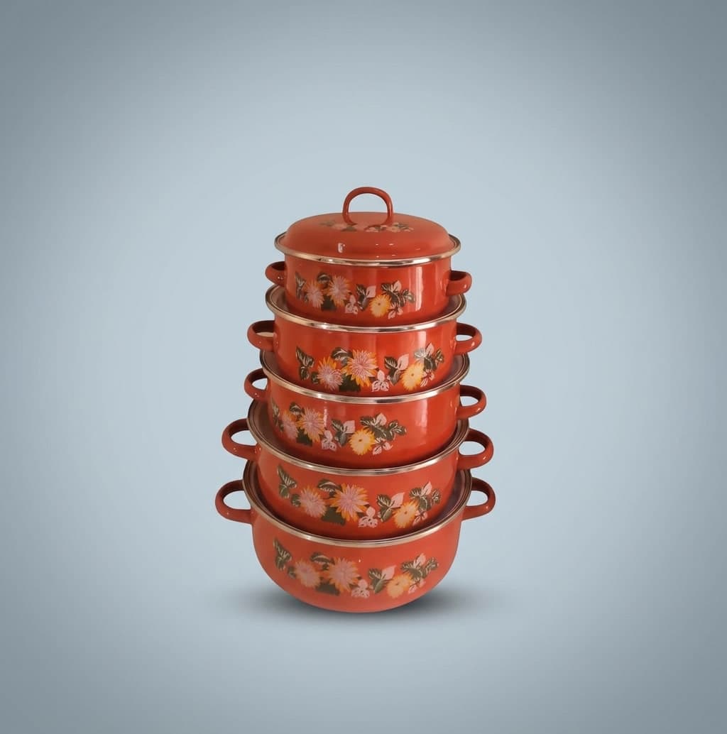 طقم حلل طهي زنك مينا 5 قطع برسومات خضروات (مقاسات 16-18-20-22-24 سم) - ماركة Longfei