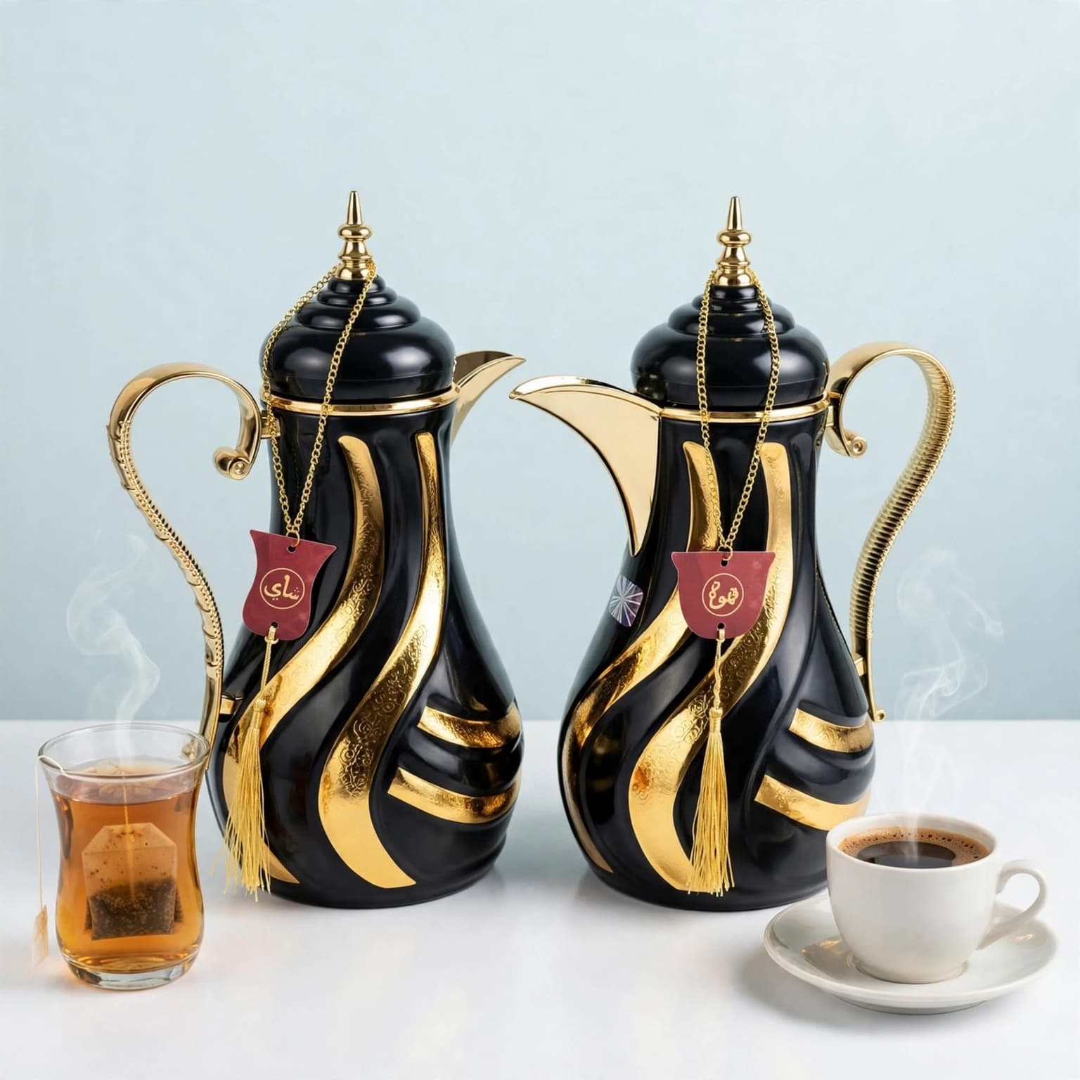 Set de 2 thermos arabes à thé et café - Design luxueux ondulé (Noir x Doré)