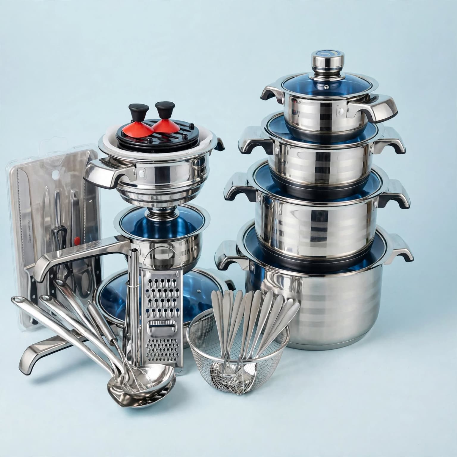 Ensemble Batterie de Cuisine Inox 50 Pièces avec Accessoires Complets