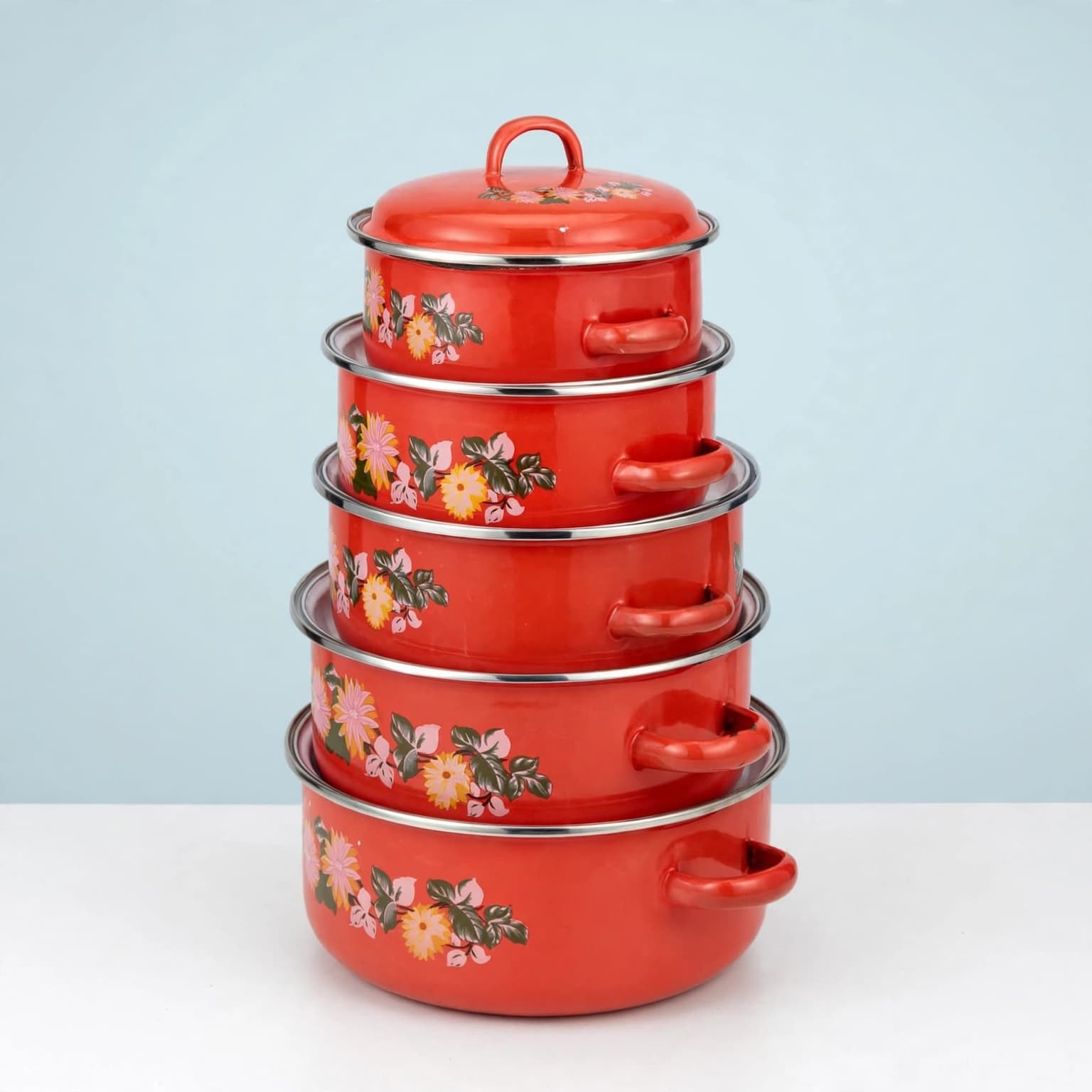Service de 5 Faitouts en Zinc Émaillé Rani Motif Légumes (16, 18, 20, 22, 24 cm)